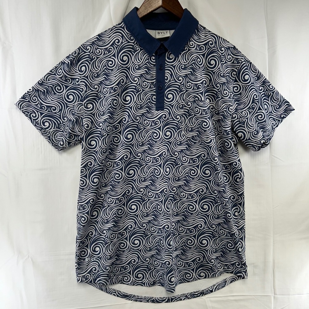 BYLT Printed Polo Mens Large Navy Blue Swirl Wave Performance Short Sleeve Shirt